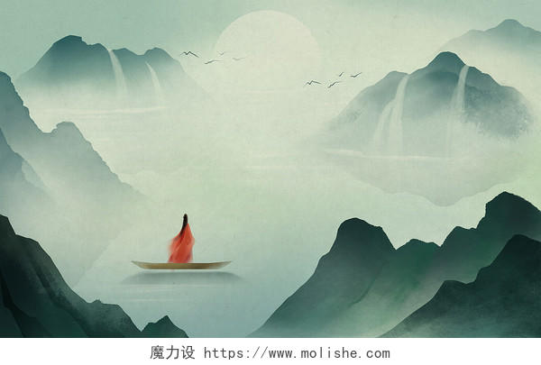 古风手绘新中式水墨山水插画山水之中渡船的红衣女子原创插画海报